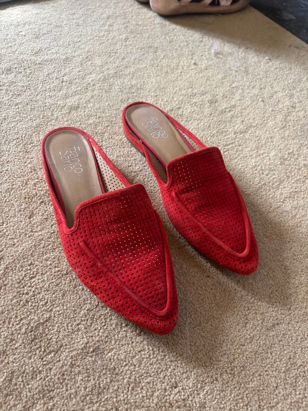 Franco Sarto Red Suede Perforated Pointed Toe Mules